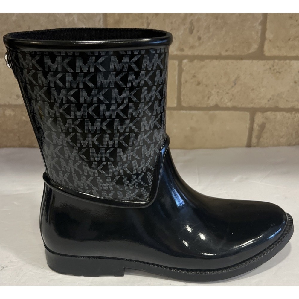 MICHAEL KORS Sutter Black MK Monogram Rain‎ Boots Women's 8 Waterproof Pull On